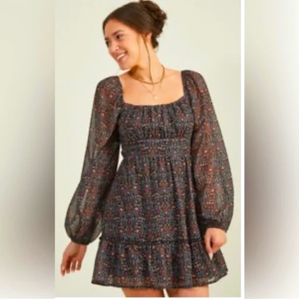 Altar’d State Floral Black Dress with Sheer Long Sleeves & Cutout Back NWT Small